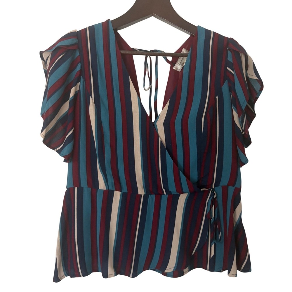 Band of Gypsies Womens XL Peplum Top Blue Red Striped Flutter Sleeve V-Neck